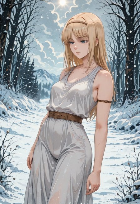 score_9, score_8_up, score_7_up,source_anime, high res image, masterpiece, best quality, masterpiece, newest, absurdres, best quality, hires, 
BREAK 1girl, solo, ymirfritz , blonde hair, bangs,blue eyes,mature female,brown hairband, expressionless,  small breasts
white dress,sleevless,armlet
dynamic pose, standing, looking around, posing
outdoors, snow land, snowing, ice, freezing, meadow, snow forest, the ice glitters silvery, day, cloudy
cinematic angle, detailed background, beautiful background, (rays light:1.0),(grow:1.0), light particles
