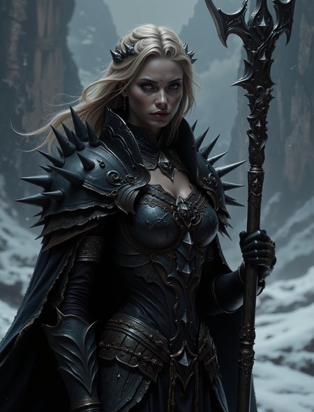 An atmospheric and powerful dark fantasy image,  classical style painting of a beautiful female warlord dressed in intricate dark and spiked armor.  Her fierce gaze is framed by her dirty blonde shoulder length hair, as she holds a powerful staff of dark steel. Cinematic shot in a snowy mountainous region.
 