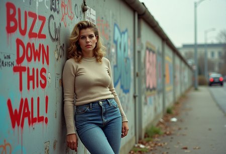 A candid, photorealistic image from 1989 of a busty young woman leaning casually against the Berlin Wall. The wall is covered in vibrant graffiti, and prominently next to her is a spray-painted message that reads: 'BUZZ down this wall!' in bold, uneven letters. The woman is dressed in tight but modest 1980s fashion: high-waisted jeans, a tucked-in fitted sweater, and classic white sneakers. Her hair is styled in a typical 1980s look, with voluminous curls and a slightly teased crown.  The photo has an authentic analog feel, shot on a vintage 35mm film camera like the Canon AE-1, using Kodak Gold 200 film. The lighting is natural, with soft, diffused sunlight typical of an overcast day, casting a muted glow over the scene. Slight film grain, subtle color shifts, and light lens flares enhance the nostalgic atmosphere. The background includes other sections of graffiti-covered wall and a glimpse of the cityscape, capturing the tension and energy of Berlin in 1989."