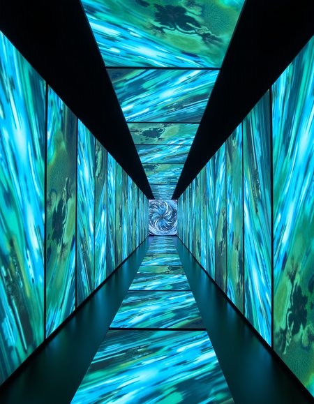 landscape art by Antonio J. Manzanedo and Maria Sibylla Merian, Photography, Vortex of rectangular screens, sizes ranging from smartwatch-scale to giant billboards, each display showing abstract patterns of light and color, swirling toward a central point where the smallest and largest screens meet, , Inside-out cerulean blues contrasting with inverted chartreuse greens in spatially impossible arrangements, Chronoton-infused alloys, temporal phase-shifting composites, and time crystal structures,, Landscape photography, ethereal, moody, Scientific illustration, botanical art, insect studies