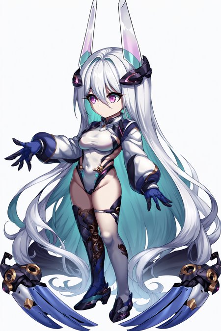 score_9, score_8_up, score_7_up, , rating_general ,1girl , kearsd, hair between eyes, absurdly long hair, multicolored hair, headgear, absurdly long hair, sideboob, white highleg leotard, highleg swimsuit, mechanical hands, mismatched thighhigh, single white thighhigh, single mechanical thighhigh, mechanical legwears , source_anime, <lora:KearsargePDCAME AL:1>, <lora:BraveFrontierPDCAME PixelArt:1>, pixel art, 2d, full portrait, simple background, white background, chibi,