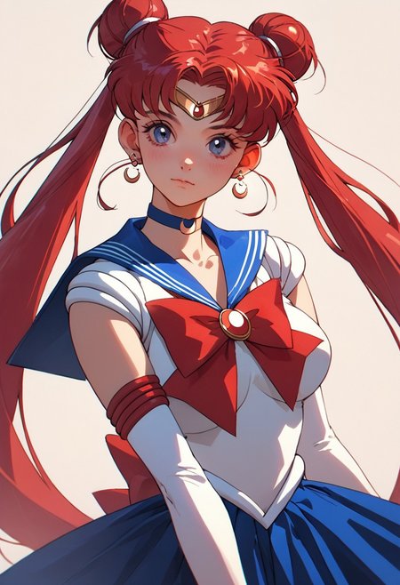 score_9, score_8_up, score_7_up, score_6_up, score_5_up, score_4_up,Alternative Sailor Moon, front view, ,(aausagi, double bun, twintails, parted bangs, circlet, jewelry, earrings, choker, red bow, white gloves, elbow gloves, blue skirt:1.2)