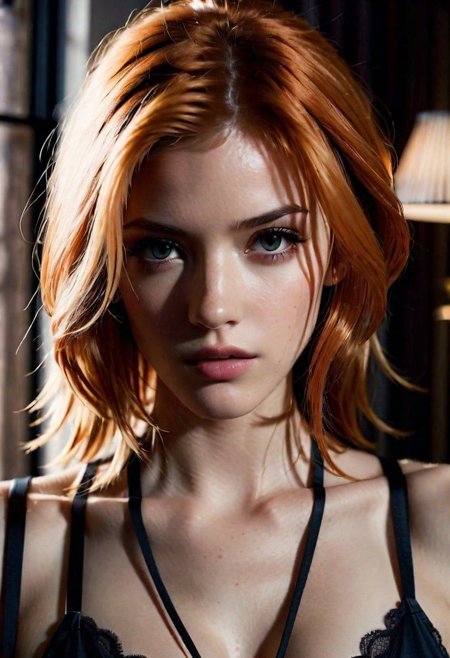 photo of a girl with face of Claire Farron from Final Fantasy XIII and eyes of Katherine Mcnamara and Nose of Deborah Ann Woll with ginger hair and with tanned skin, with black lingerie, in a bedroom,  thorough, analog style, eye focus, highest quality, highly detailed skin, perfect face, alluring eyes, skin pores, perfect natural skin, indoor, bokeh, sharp focus,  photographed on a Sony A7R IV, 18mm F/1.7 cine lens, highly detailed, intricately detailed, 64k, UHD, seductively posing, front view, very realistic face, Authentic face, (High-key lighting Style)