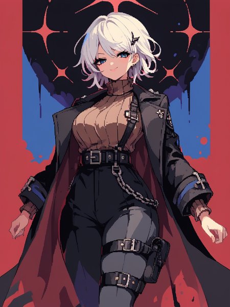 score_9, score_8_up, score_7_up, source anime,1girl ,solo <lora:faustXL_LoRA-C3Lier_AdamW_Dim16_Alpha16_UN-3e-4_TE-1.5e-4_10batch_ponyDiffusionV6XL_v6StartWithThisOne:0.8> faust \(project moon\), 1girl, white hair, short hair, blue eyes, black coat, open coat, long sleeves, jacket on shoulders, black vest, brown sweater, ribbed sweater, turtleneck sweater, black belt, black pants,smug, wide hips, thick thighs,half-closed eyes,  <lora:Cromachina_test:0.7> Cromachina <lora:d3p1x3lXLP:1> d3p1x3l, pixel art,