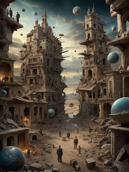 digital art in the style of epic Surreal, abstract, bizarre, An image of a scene depicted in various fragments that appear to be from the past. The different parts of the scene are distorted and blurred, and it is difficult to recognise clear details, creating a fragmented and incomplete representation of the memory, 32k uhd, focus eyes, fearsome appearance, masterpiece, high resolution, HD, 8k, best quality, intricate details, <lora:add-detail-xl:1.8>