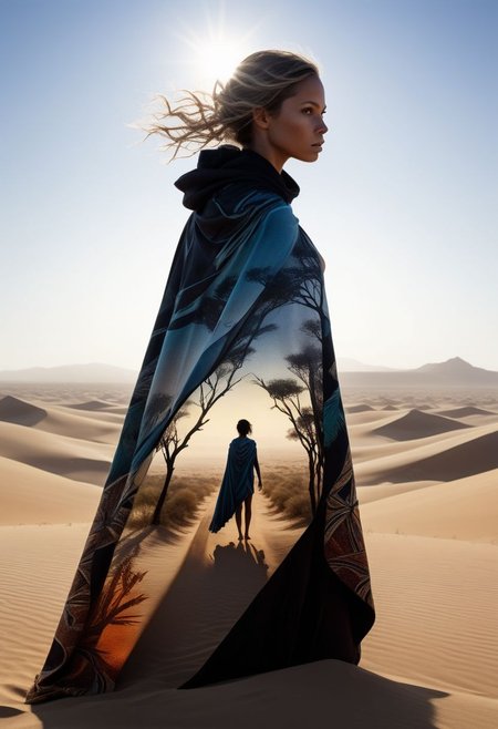 mysterious silhouette exotic woman with cape, african safari desert, goddess, alluring, by Minjae Lee, Carne Griffiths, Emily Kell, Steve McCurry, Geoffroy Thoorens, Aaron Horkey, Jordan Grimmer, Greg Rutkowski, amazing depth, double exposure, surreal, geometric patterns, intricately detailed, bokeh,  perfect balanced, deep fine borders, artistic photorealism , smooth,  great masterwork by head of prompt engineering   <lora:add-detail-xl:2>  <lora:Double_Exposure:0.5>