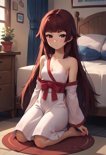 score_9, score_8_up, score_7_up, score_6_up, score_5_up, score_4_up, source_anime, BREAK, Expressiveh, solo, bedroom, kneeling, full body, miko iino, hiyajou maho