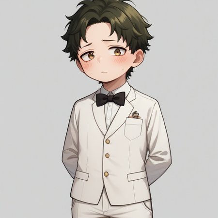 score_9, score_8_up, score_7_up, source_anime, highly detailed, cute boy, 1boy, solo, young, damian desmond, short hair, brown hair, brown eyes, white tuxedo, white pants, black bow tie, black socks, white dress shoes, blushing, shy, looking away from viewer, looking slightly to the side, avoiding eye contact