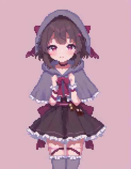 (Pixel art:1.2), 1girl, <lora:Fallenshadow_SDXL:0.8>. Fallenshadow. yandere. chocolate. heart-shaped pupils. single wrist cuff. symbol-shaped pupils. solo. hands on own face. dress. food-themed clothes. criss-cross halter. waist bow. hood up. heart. shaded face. arm ribbon. grey cape. cloak. capelet. hands on own cheeks. smile. grey capelet. black dress. frills. halterneck. leg ribbon. cape. short dress. frilled dress. looking at viewer. petite. simple background. pink background. outline., black background, seductive smile
