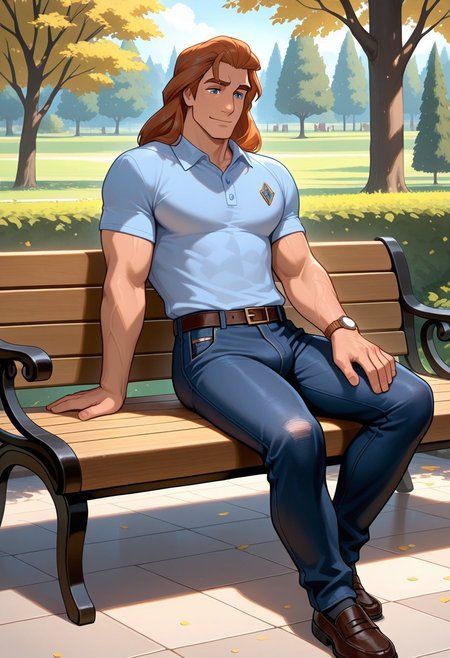 masterpiece,best quality,amazing quality,very aesthetic,absurdres,newest, huge filesize, Prince_Adam_BTB, 1man male focus, solo, auburn hair, blue eyes, lean and athletic, mature,  long hair, strong, long legs, tall, manly, masculine, classy, artistic, relaxed look, small smile, park, sitting on a park bench, Polo shirt,  loafers, dark denim jeans, wristwatch