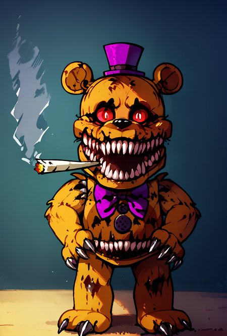 score_9, score_8_up, score_7_up,,  good quality ,, character focus, solo, , best quality , detailed background,  <lora:fredmare-10:1> fredmare, purple top hat, , teeth, no humans, purple bowtie, sharp teeth, claws, red eyes, bear, mini hat, , simple background, blue bedroom, dark room, <lora:DoobieRalsei:1> dubi3, full body, standing, chibi, looking at viewer, hands on own hips, cigarette, smoke