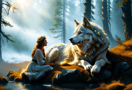 "In the depths of an ancient forest, shrouded in mist, sits ((a wild woman with hair as golden as the sun)). At her feet, curled up in a ball, lies a wolf with eyes shining like stars. Silence reigns between them, broken only by the whisper of the wind and the light breathing of the animals. The wolf, with fur as soft as a cloud, looks calm and trusting, and the wild one looks at him with a gentle smile."