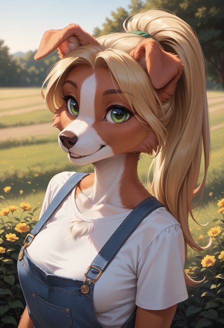score_9, score_8_up, score_7_up, source_furry, high quality, perfection, detailed, aesthetic, well-lighted,
meadow, road, bright sun,
1girl, solo, upper body,
furry female, anthro, furred body, fluffy fur, beautiful girl, cute girl, young, youthful, beautiful face, beautiful eyes, perfect eyes, detailed eyes,
collie girl, medium breasts, green eyes, blonde hair, ponytail,  
white shirt, denim overalls, 
smile, looking at viewer,
<lora:princess_xl_v2:0.6>, <lora:p_ami_v10_adafactor:0.4>, <lora:incase-ilff-v3-4:0.5>, <lora:CleanDetailed_Eyes:0.25>,âââ