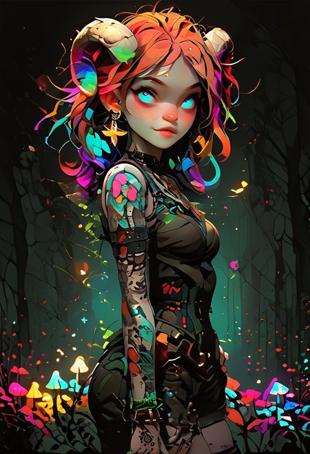 score_9, score_8_up, score_7_up, FFDAC, A cute fain, beautiful face, (perky breasts:1.0), 1girl, solo, sexy body, beautiful face, faun, pale skin, pearlescent horns ,ram horns, blue eyes, colourful makeup, (freckles: 1.5), face freckles, (chest tattoos:1.5), (arm tattoos:1.5), long ginger hair, narrow waist, feminine hourglass body, Green leather gothic corset, pentagram earrings, chest harness, leather shorts, ankle boots, embroidered hooded cape, (no sleeves:1.2), bracelets, light blush, cheeky grin, detailed background, night, moonlight, gloomy forest brightly coloured flowers and mushrooms, volumetric lighting, vivid colors, exploring the forest, she's holding a glowing magical flower