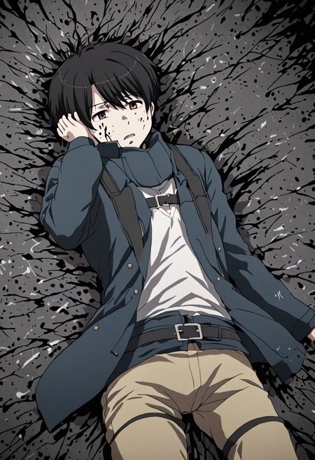 high resolution, solo, best quality, 1Boy, Inaho Kaizuka, Black Hair, fell down, revenged, dying, OverallDetail