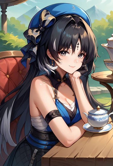 score_9, score_8_up, score_7_up, source_anime, 1girl, yangyangdef, grey eyes, mole under eye, black hair, long hair, hair intakes, multicolored hair, forehead mark, medium breasts, earrings, jewelry, hat, beret, blue headwear, black bow, bare shoulders, blue dress, sleeveless, arm strap, cleavage, chest sarashi, black gloves, single glove, black skirt, tassel, black pantyhose, sitting, chair, table, head rest, elbow rest, smile, closed mouth, looking at viewer, outdoors, teacup, teapot, portrait, close-up, upper body, facing viewer, <lora:Yangyang_v1-000010:1>