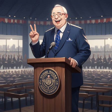 score_9, score_8_up, score_7_up, score_6_up, score_5_up, score_4_up, zPDXL2,source_anime,rating_questionable,  <lora:Podium:0.8> Pod1um, wooden podium, microphone, 1boy, old man, smile, crowd, peace sign, blue suit