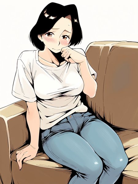 score_9, score_8_up, score_7_up,  
1girl,  okada sakiko, medium hair, parted bangs, black hair, mature female, medium breasts, brown eyes,

jeans, white t-shirt,  
looking at viewer, sitting, couch, hand on own cheek, blush, shy, closed mouth,
solo, white background, 
