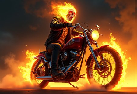 score_9, score_8_up, score_7_up, high detailed, high quality, masterpiece, no text, quality highlights, 8k detail, source_anime, dynamic view, hentai, ultra-detailed, improved 
...
1guy, skeleton, Ghost Rider, spirit of vengeance, flaming skeleton face, glowing eyes, skull on fire, mouth open screaming, surrounded by smoke and fire, expressiveh,
...
Wearing leather jacket with (metal spikes) , riding motorcycle, TWDDDBike, wheels on fire, flaming tires, spinning wheels, motion blurring wheels, no kickstand. 
...
Zoomed out, image in the style of fantasy art with cinematic lighting and yellow tones. Volumetric light on a dark background. Masterpiece, best quality, highly detailed, sharp focus, dynamic lighting, low angle