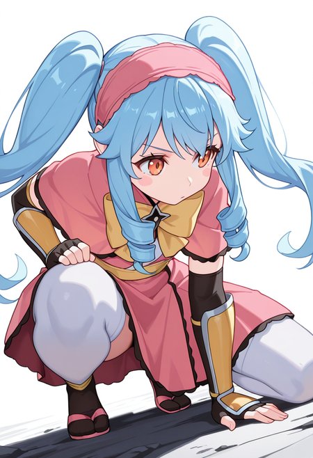 masterpiece,high quality details, absurdres, 
crouching, one hand on ground, other on knee, intense gaze, balanced stance,  ,
 <lora:Michiru_Kusagakure:0.8>
michiru_cnr, 1girl, blue hair, long hair, twintails, drill hair, sidelocks, orange eyes, blush stickers,
long dress, pink capelet,fingerless gloves, elbow gloves, white thighhighs, hairband, yellow bow,yelow armlet, ninja,, uwu,, simple background, white background, dynamic angle,solo,