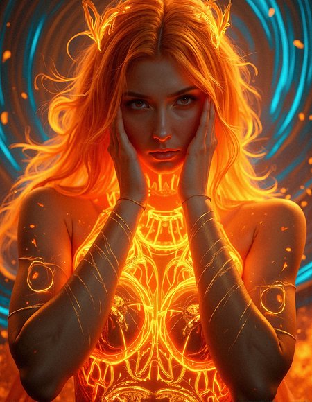  a SFW face close-up portrait of a mythical fire goddess, her body glowing with intense orange, fiery hot hair and yellow flames that blend seamlessly into a swirling, hypnotic backdrop of concentric colors. She is wearing A very intricate design metallic chest plate that appears to be white-hot, with molten edges and glowing lines that mimic the flow of lava.  A long cape that appears to be woven from pure flame, with translucent orange and yellow threads that flicker and glow. With both hands covering her face, flames coiling around her, as if she’s drawing power from within.
 Her eyes are deep and intense, mirroring the powerful warmth and energy she exudes. The background pulsates with vivid patterns of blue, red, and yellow, giving the impression that she is both part of and feeding from this energetic vortex. The lighting casts intricate shadows that enhance the contours of her face, her skin appearing to shimmer with an almost liquid quality as the flames flicker and move. The atmosphere is surreal and mystical, evoking a sense of otherworldly power and ancient elemental force.

