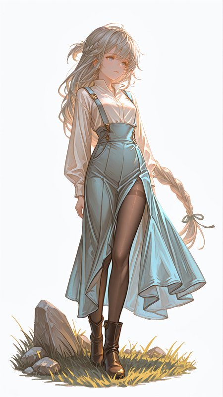 masterpiece, newest,absurdres,incredibly absurdres, best quality, amazing quality, very aesthetic, muted color, simple white background,
1girl, absurdly long hair, half up braid, light blue skirt, suspender skirt, collared shirt, popped collar, grass, stone, leather boots, thighband pantyhose, 
 <lora:[Cygames Mobage (Hideo Minaba Yuya Nagai Ryoji Ohara)] Granblue Fantasy Art Style Illustrious_1656091:1> granbluefantasysyleil stylized <lora:WLOP_art_style_r1:1> WLOP