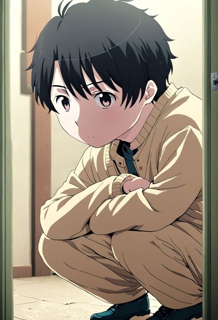high resolution, solo, best quality, 1Boy, Inaho Kaizuka, Black Hair, lofi, candid, squat, depth of field, photo model, looking at viewer, OverallDetail