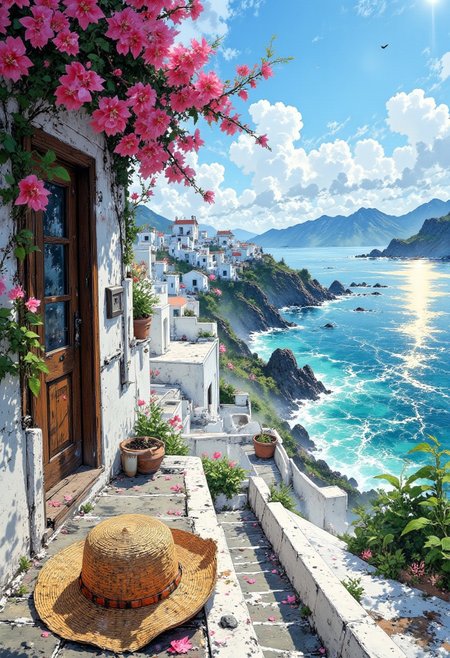 Midday in a Greek Island Village
"The whitewashed terraces of a Greek island village gleam under the relentless midday sun. A woven sun hat, long abandoned, rests on a stone ledge, its brim fluttering in the warm breeze. The deep blue Aegean Sea stretches endlessly below, shimmering beneath the bright sky. Pink bougainvillea cascades down sun-bleached walls, their petals drifting lazily across empty streets. A wooden door stands ajar, revealing only shadows within. The scent of salt and jasmine fills the air, but the village remains utterly still, as if waiting."