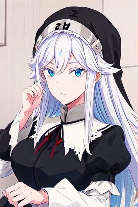 solo, 1girl, solo_focus, 
sister ivry, long hair, bangs, blue eyes, hair between eyes, white hair,, maid, nun, habit, puffy sleeves, long sleeves, dress, black dress,
