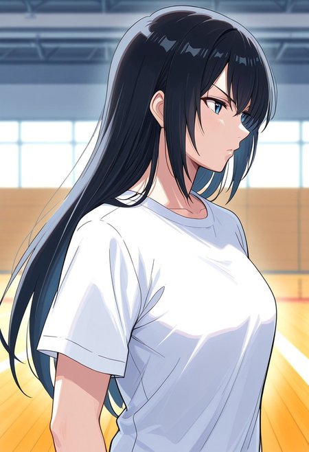 masterpiece, very aesthetic,8k,masterpiece, best quality, half body, 1girl, aoikuni, solo, long hair, shirt, black hair, male focus, t-shirt, white shirt, gym
, impressionism 1.5, high detail, depth of field, blurred background, dramatic lighting, outdoors,  ,SmoothNegative_Hands