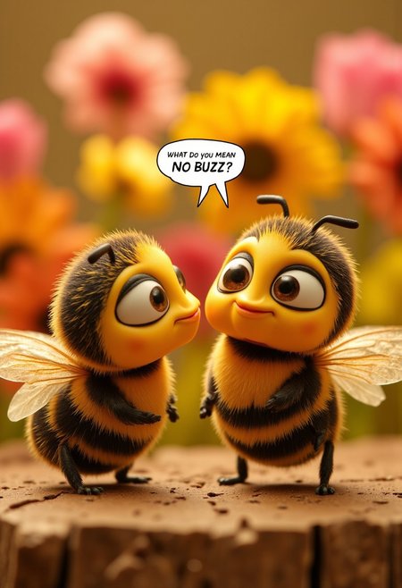 masterpiece, best quality, highly detailed, score_9, score_8_up, score_7_up, 
BREAK, 70mm lens, full-color photograph, shadows, cinematics lighting, volumetric lights, realistic lights, three quarter view, film grain, 
photograph of two adorably cute cartoon bees, facing each other, looking at each other, looking confused. Out of focus background of blurred gigantic flowers of many different colors
/BREAK/
speech bubble reading: "what do you mean NO BUZZ?".