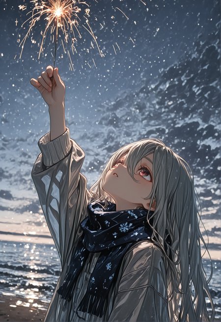(artist:sho_\(sho_lwlw\):1.3), (artist:ningen_mame:0.8), artist:neco,1girl, solo, long hair, long sleeves, red eyes, holding, hair between eyes, jacket, upper body, white hair, grey hair, outdoors, parted lips, sky, cloud, water, scarf, arm up, night, ocean, beach, looking up, night sky, pom pom \(clothes\), horizon, white sweater, blue scarf, fireworks, sparkler, holding fireworks,masterpiece,best quality,newest,absurdres,highres,very awa,detailed backgroud