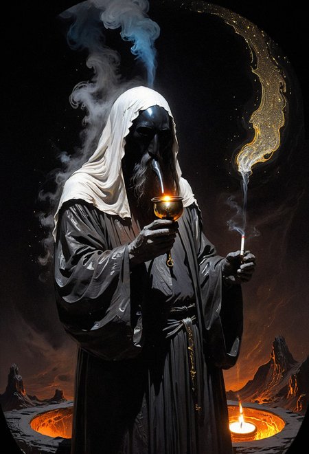 illustration of an old man, otherworldly, mysterious, back view, long hair, arching, black hair, long hair, face covered, obscured face, no face, molten plastic, abstract, black plastic, white plastic, galactic dusk, gold particles, thin black shirt, dark, (smoking a pipe, motel lava:1.2)  <lora:add-detail-xl:0.7> <lora:xl_more_art-full_v1:0.7>  <lora:sdxl/nicola_samori_dark_art_style:0.7> in the style of Nicola Samori