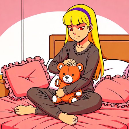 score_7, score_7_up, score_9, score_9_up, BREAK,  1girl, solo, blond hair, flat chest, red eyes, purple hairband, black pajamas, sitting, on bed, bedroom, hugging black teddy bear, pajama pants, barefoot,  frilly pillows, 
<lora:DC__Young_Justice_Child:0.8>