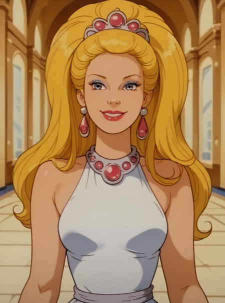 score_9, score_8_up, score_8, hud_barbir0ck, retro artstyle,  <lora:barbirock:0.8>, hud_barbir0ck, 1girl, solo, long hair, smile, blue eyes, blonde hair, jewelry, earrings, tiara, dress, makeup, lipstick
