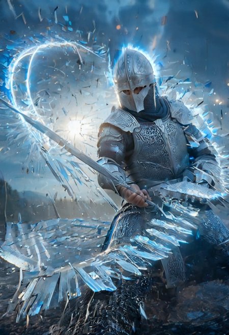 1man, armored Viking warrior in lamellar armor, wearing Viking helmet and lamellar armor, Incoming sword, broken glass, brave perspective, reflection, glowing lightning slash, Viking sword, blue flames, shatter, holding sword, glowing sword, motion blur, emphasis line, outdoor in the darkness, looking at viewer,