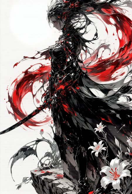 (In a dramatic black-and-white ink style, a powerful samurai-ninja hybrid woman stands on the edge of a high cliff, illuminated by the pale glow of the full moon. The landscape is depicted in bold, textured ink strokes, with stark contrasts defining the rugged terrain and vast sky. The woman wears a sleek, black, intricately designed outfit, flowing in the wind. Her katana is held firmly in hand, its sharp blade reflecting the moonlight, adding to her fierce presence. While the scene is predominantly monochrome, her crimson lips, piercing eyes, and jet-black hair are vividly colored. Around her, delicate white lilies bloom, with their subtle colors contrasting with the inked background. In a striking twist, blood dances around her, swirling and flowing in a vibrant red against the black-and-white backdrop. The blood forms graceful arcs, suspended in the air like a fluid dance, creating an eerie yet powerful contrast and emphasizing the raw strength and danger surrounding her.), <lora:0092mai:0.7>, <lora:abelè¡é­æ³f.1:0.7>, <lora:ck-nc-pastel-cyberpunk:0.5>, <lora:Elden_Ring_-_Yoshitaka_Amano:0.5>, <lora:DarkAnimeArt_V1:0.35>, <lora:Flux_Ink_Anime:0.6>, <lora:aidmaImageUpraderv0.3:0.4>, aidmaimageupgrader