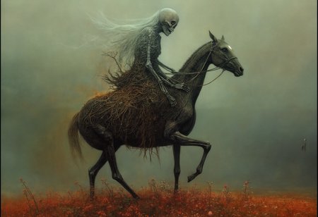 surreal photography, dreamlike imagery, subconscious exploration, bending reality, imaginative narratives, juxtaposing elements, evoking wonder and awe, transcending boundaries, challenging perceptions, fantastical landscapes, otherworldly atmospheres, <lora:Flux\Styles\Beksinski 2\Beksinski.safetensors:0.6:0.6>, A Dark and moody snapshot a broken hearted bride riding a skeleton horse,