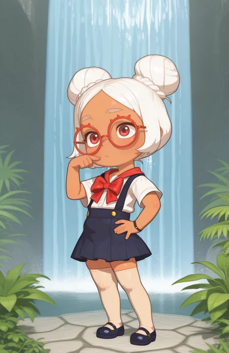 <lora:anatomy_helper:0.8> 1girl, solo, full body, <lora:PossumMachine_v2:0.9> possmach,
<lora:LilPurah-IL:0.8> prhmini, red eyes, red-framed eyewear, red-framed eyewear, dark-skinned female, white hair, double bun, chibi, school uniform, white shirt, suspender skirt, bow, thighhighs, mary janes,
 waterfall, stands beside a large indoor plant, one hand on their hip, with a confident and playful demeanor, extremely detailed, highres, masterpiece, best quality