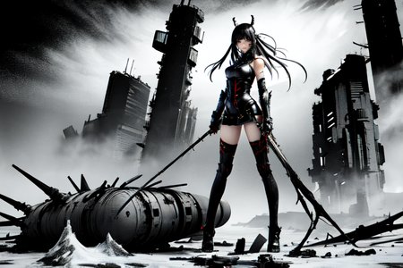 highly insanely detailed, masterpiece, top quality, best quality, highres, 4k, 8k, RAW photo, (very aesthetic, beautiful and aesthetic),  
tsutomu nihei,nihei_tsutomu,blame!,blame gakuen!,abara,TNstyle,sidonia_no_kishi,wire,walkway,dark background,dystopia,destroyed,vast scenery,perspective,cyberpunk,science fiction, 
<lora:ABARA:0.7>, 
(1girl:1.3), 
solo focus, 
deep crimson background,tie-dye background,pastel gray background,(bold color background,colored geometric background,colored digital glitch background),âââ