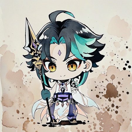 <lora:pen-drawing_A3.1_XL:1>,(pen_art_style, pen_drawing_style),(masterpiece,best quality), solo,1boy,male focus,xiao \(genshin impact\),smile,necklace,chibi,simple background,polearm,white background,jewelry,holding,gloves,green hair,multicolored hair,bead necklace,beads,weapon,tattoo,ahoge,holding polearm,parody,holding weapon,bangs,green gloves,arm tattoo,forehead mark,black hair,spear,parted bangs,full body,asymmetrical clothes,black eyes,closed mouth,standing,facial mark,single detached sleeve,meme, (ink-style_ink_wash_painting)