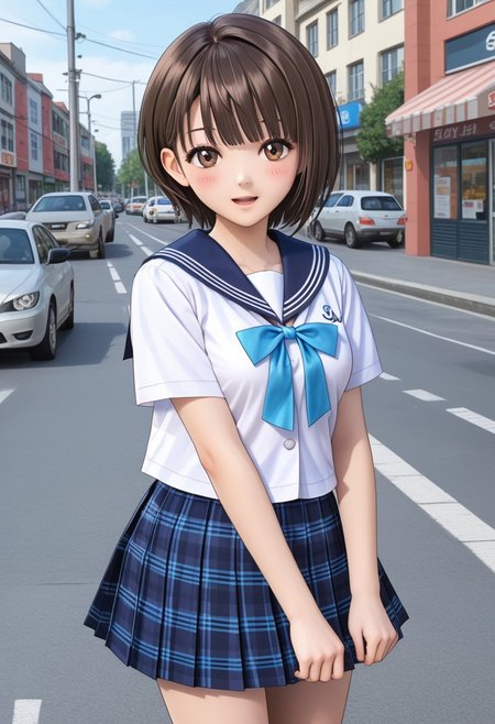 Shirai Hinako, 1girl, solo, looking at viewer, blush, short hair, bangs, skirt, pedestrian city, brown hair, shirt,  shop background, ribbon, brown eyes, closed mouth, school uniform, standing, white shirt, short sleeves, pleated skirt, serafuku, sailor collar, blue skirt, plaid, kneehighs, plaid skirt, blue sailor collar, black socks, loafers, <lora:Shirai_Hinako_Blue_Reflection_Pony:0.7> anime color, seductive smile, (kishida mel), open mouth, medium breast, sexy pose,  <lora:HandFixer_pdxl_Incrs_v1:1> slender girl, thin body, medium skirt, tall girl, thin face,