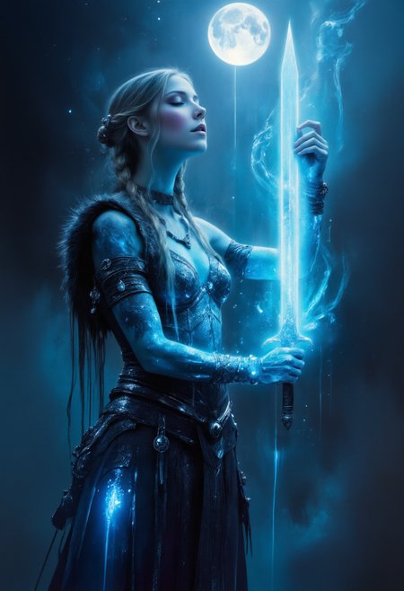 cinematic film still A breathtaking scene of a powerful tribal Germanic female warrior stands, with blonde braided hair adorned with small natural charms. she holds a runic sword in one hand and in the other hand she uses rinic magic to bless the sword, the runes on the sword glow, , ethereal light. The primal magic flows from her in shimmering waves. She wears basic tribal furls and is tattood in blue glowing magical runes on her body , blending her into the dark midnight setting. The scene is lit by the soft glow of moonlight, casting shadows across her and creating a mystical, ancient atmosphere
<lora:zavy-spctrlglw-fxl:0.5> zavy-spctrlglw, luminescent, spectral glow, iridescent, ethereal  <lora:Midjourney_Whisper_Chromaplex_Velvet_Myst_v01:0.6> velvet_myst  <lora:artisketchyfs-v02:0.8>  <lora:aidmaGLOWV4wc:0.5> aidmaglow . shallow depth of field, vignette, highly detailed, high budget, bokeh, cinemascope, moody, epic, gorgeous, film grain, grainy