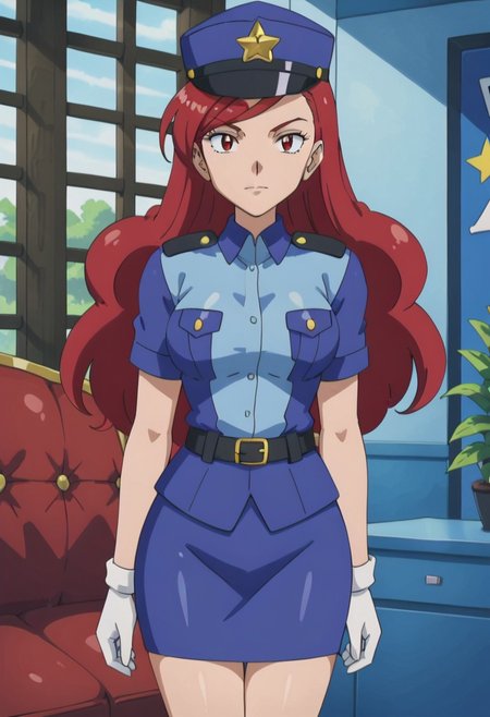 PKMNShelly, 1girl, red hair, long hair, red eyes, eyelashes, side swept bangs
Jennyclothes, policewoman, police uniform, hat, blue headwear, star (symbol), blue jacket, blue shirt, white gloves, short sleeves, black belt, belt, blue skirt, pencil skirt
Standing, looking at viewer, indoors, pillars, living room, couch, windows, detailed background, solo, face focus