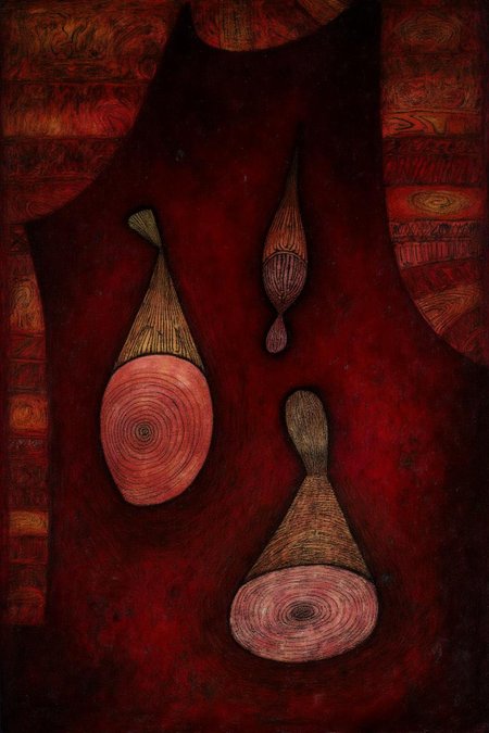 paulklee1 painting. A rich, dark red background with intricate, swirling patterns and textures. Three stylized, elongated, conical shapes with bulbous ends are centrally featured.  <lora:paulklee1_cap_d8a4e12:1.0><lora:839866230652304799:0>