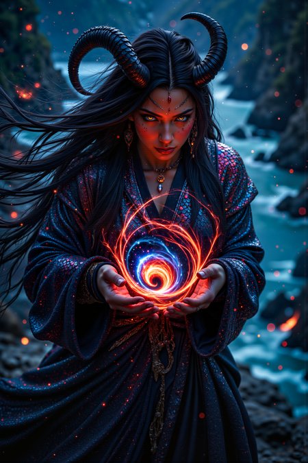 A hyper-realistic portrait, photorealistic photo close-up image of A middle-aged tiefling woman with deep, crimson skin, sharp horns, and long, flowing black hair stands on a rocky outcrop overlooking a vast, glowing ocean of liquid light. She is dressed in a robe made of shimmering, iridescent scales that catch and reflect the light of the ocean, creating a dazzling display of colors. Her golden eyes burn with intensity as she cradles a small, swirling vortex of stars and galaxies in her hands, the miniature cosmos spinning slowly as if held together by her will alone. The ocean below shifts and changes, its surface alive with the movement of countless glowing creatures that dance in the light. The sky above is a deep, twilight blue, with distant stars twinkling faintly. The tieflingâs otherworldly appearance and the strange, cosmic object she holds create an image of dark beauty and celestial power, a figure who seems to command the very forces of the universe. (photography, high-resolution, dynamic, energetic,hyper-realistic, dramatic lighting, shallow depth of field.), detailmaximizer, MythP0rt<lora:midjourney_whisper_flux_lora_v01:0.55><lora:aidmaMJ6.1-FLUX-V0.1:0.4><lora:FluxMythP0rtr4itStyle:0.4><lora:detailed_flux_ntc:2.2><lora:aidmaImageUpgrader-FLUX-V0.1:0.65>