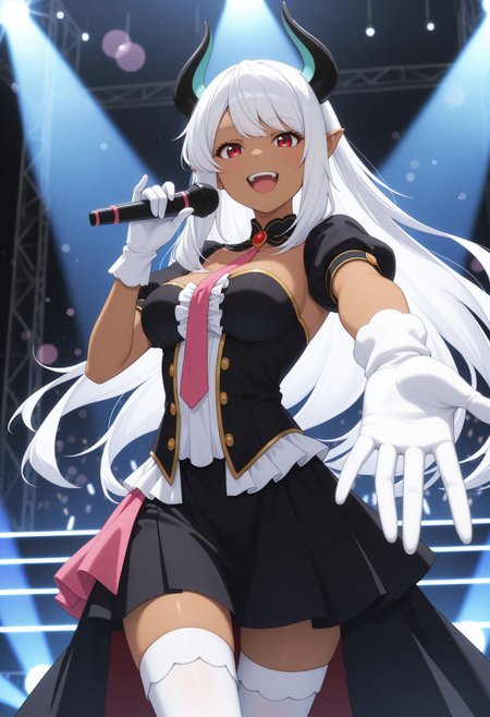 masterpiece,best quality,absurdres,highres,very aesthetic,high quality,detailed,insanely detailed,beautiful,perfect lighting, ,depth of field,blurry background,bokeh, looking at viewer, 
<lora:Belzebub illu:1>  smile, open mouth, teeth, looking at viewer, singing, holding microphone, outstretched arm, idol clothes, black dress, center frills, pink necktie, puffy short sleeves, white gloves, white thighhighs, stage, stage lights, spotlight
1girl, horns, medium breasts, white hair, pointy ears, dark skin, dark-skinned female, red eyes,
