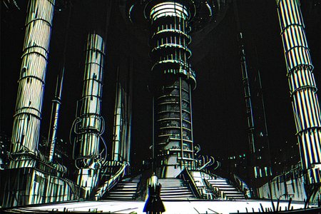 highly insanely detailed, masterpiece, top quality, best quality, highres, 4k, 8k, RAW photo, (very aesthetic, beautiful and aesthetic),  
tsutomu nihei,nihei_tsutomu,blame!,blame gakuen!,abara,TNstyle,sidonia_no_kishi,(sidonia \(ship\),deep horizon,tower,mausoleum,tunnel,hangar,megastructure in background,stairs,city ruins,giant room,space,spacecraft,lab),fence,bridge,lantern,empty,no human,blm,dystopia,destroyed,open space, 
<lora:ABARA:0.5>, 
(1girl:1.3), 
solo focus, 
crowded train interior,silver blonde background,âââ