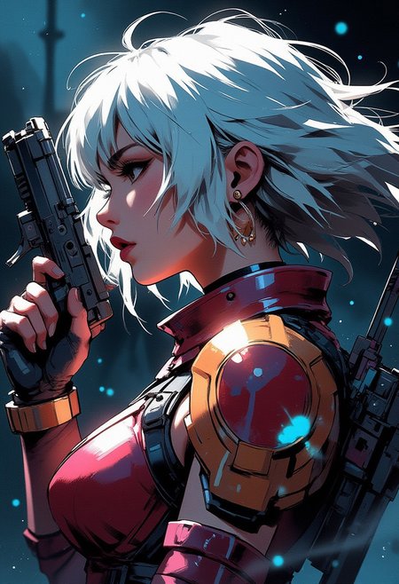 Special Ink-drawing mode, intricate linework with expressive contrasts, Mh1$AgThS2, a punk Japanese sci-fi soldier, white spiked messy bobbed hair, sidelocks, bangs, earrings, dark eyeshadow, bright crimson lips, studded choker, extreme closeup side portrait, seductive, sexy red and gold power armour, holding sci-fi blaster pistol, silhouetted, chiascuro, bokeh, professional photography, dark background, directional blue lighting