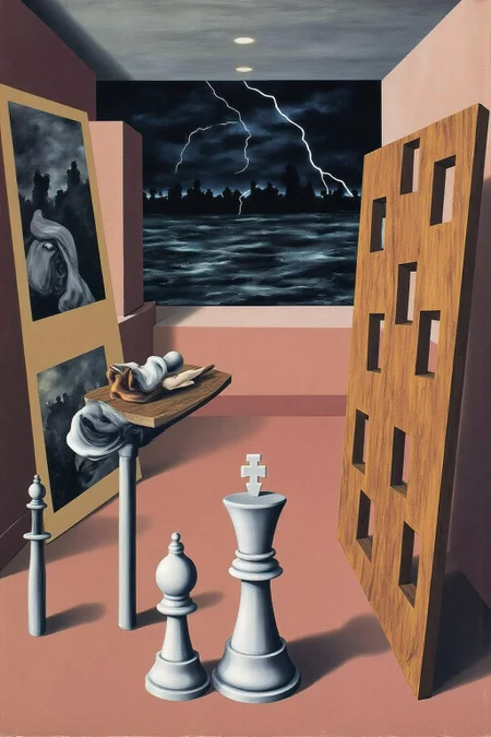 renemag1 painting.
The scene depicts a surreal, dreamlike interior space with an eerie, melancholic atmosphere. The room features a muted color palette with tones of pink, beige, and brown. The room contains a large chess pieces, along with woodedn board with rectangular cutouts in them. In the background there is a window with a view to a stormy night sky outside where lighting is visble.
 <lora:renemag1_cap_d6a3:1.0><lora:829553086461790382:0>